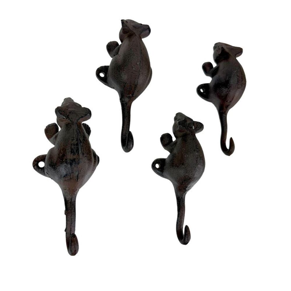 Set of 4 Mouse Wall Hooks Distressed Brown Cast Iron 6 in Decorative